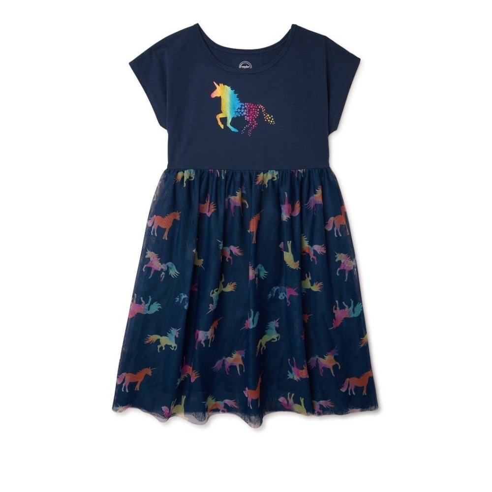 WONDER NATION Girls Short Sleeve Tutu Dress - blue cove unicorn design